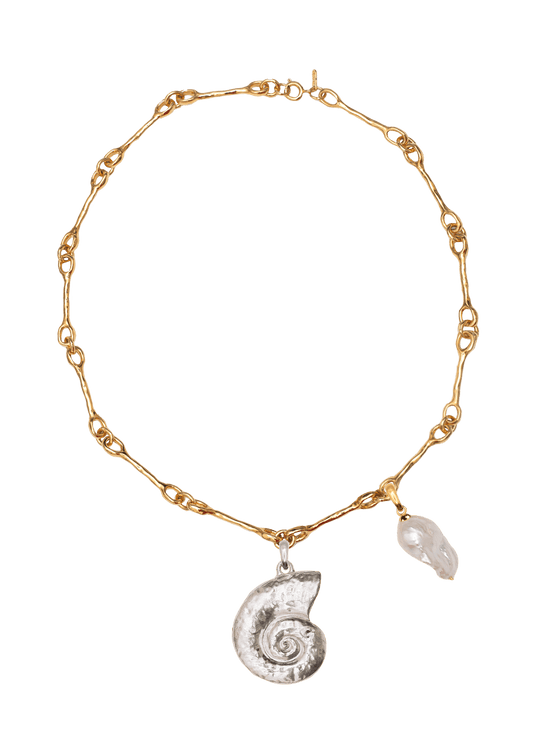 Collar Nautilus Oro con Caracola Plata y Perla
