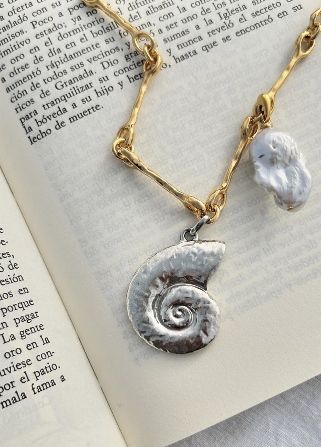 Gold Nautilus Necklace with Silver Shell and Pearl